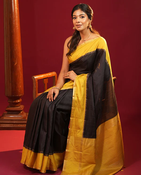 Black Plain Semi Tussa Silk Saree